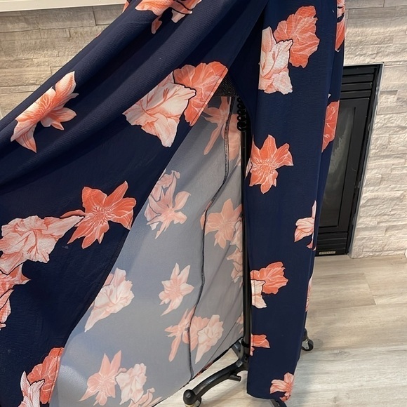 NAVY BLUE PINK FLORAL PLUNGE V NECK CRISSCROSS BACK HIGH SLIT MAXI DRESS Small - Picture 6 of 11